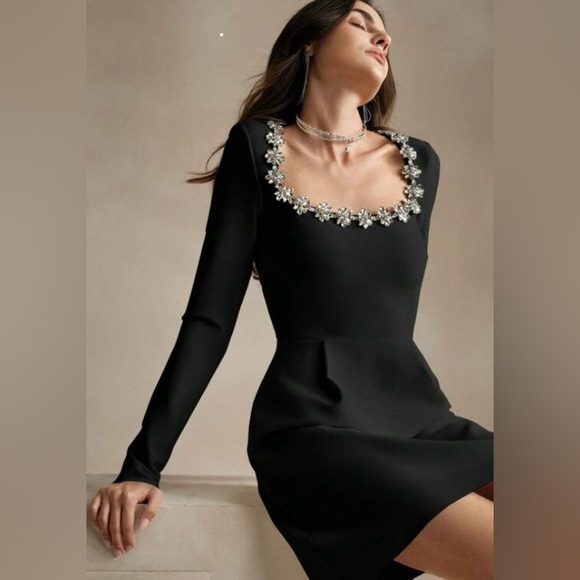 Viral embellished elegant square neck black dress - Picture 5 of 15